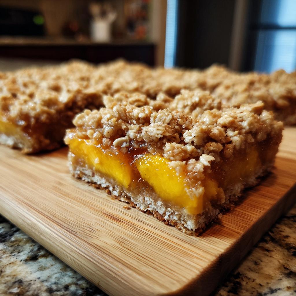 A close-up of a peach crumble bar with a thick layer of juicy peaches and a buttery oat topping.