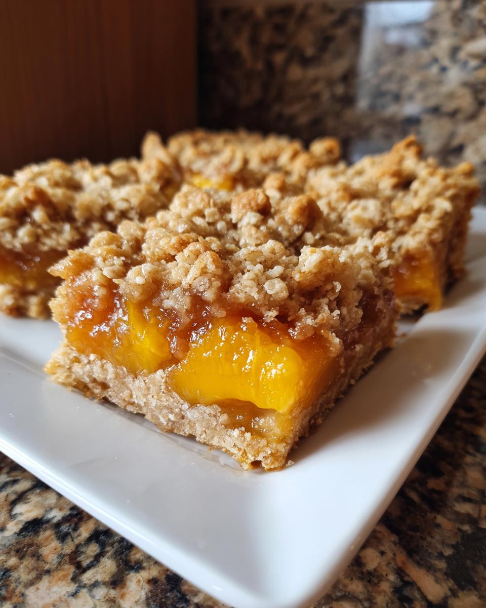 Close-up of delicious peach crumble bars with a buttery oat topping on a white plate.