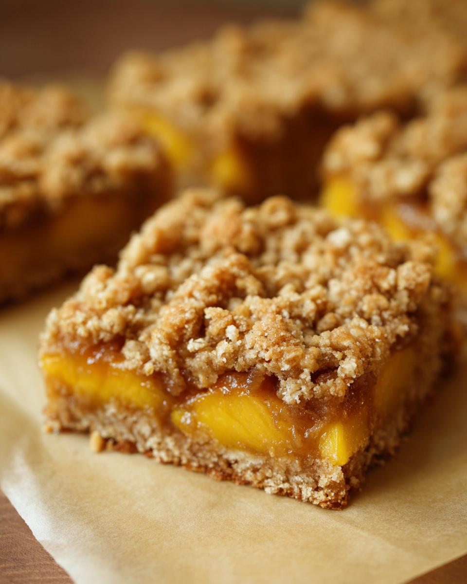 Close-up of a peach crumble bar with a thick layer of juicy peaches and a golden, buttery oat topping.