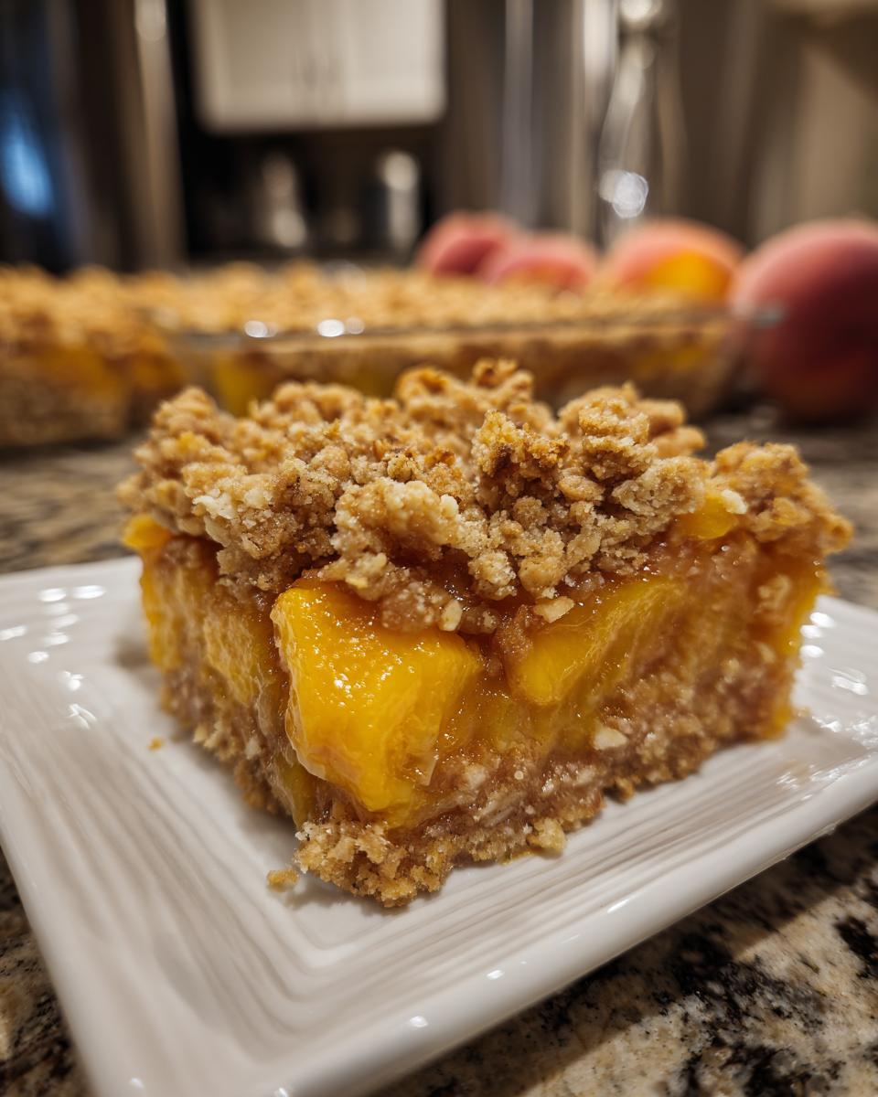 A close-up of a peach crumble bar with a buttery oat topping and juicy peach filling.