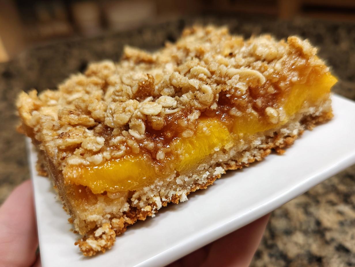 A close-up of a peach crumble bar with a buttery oat topping, showcasing the layers of fruit and crust.