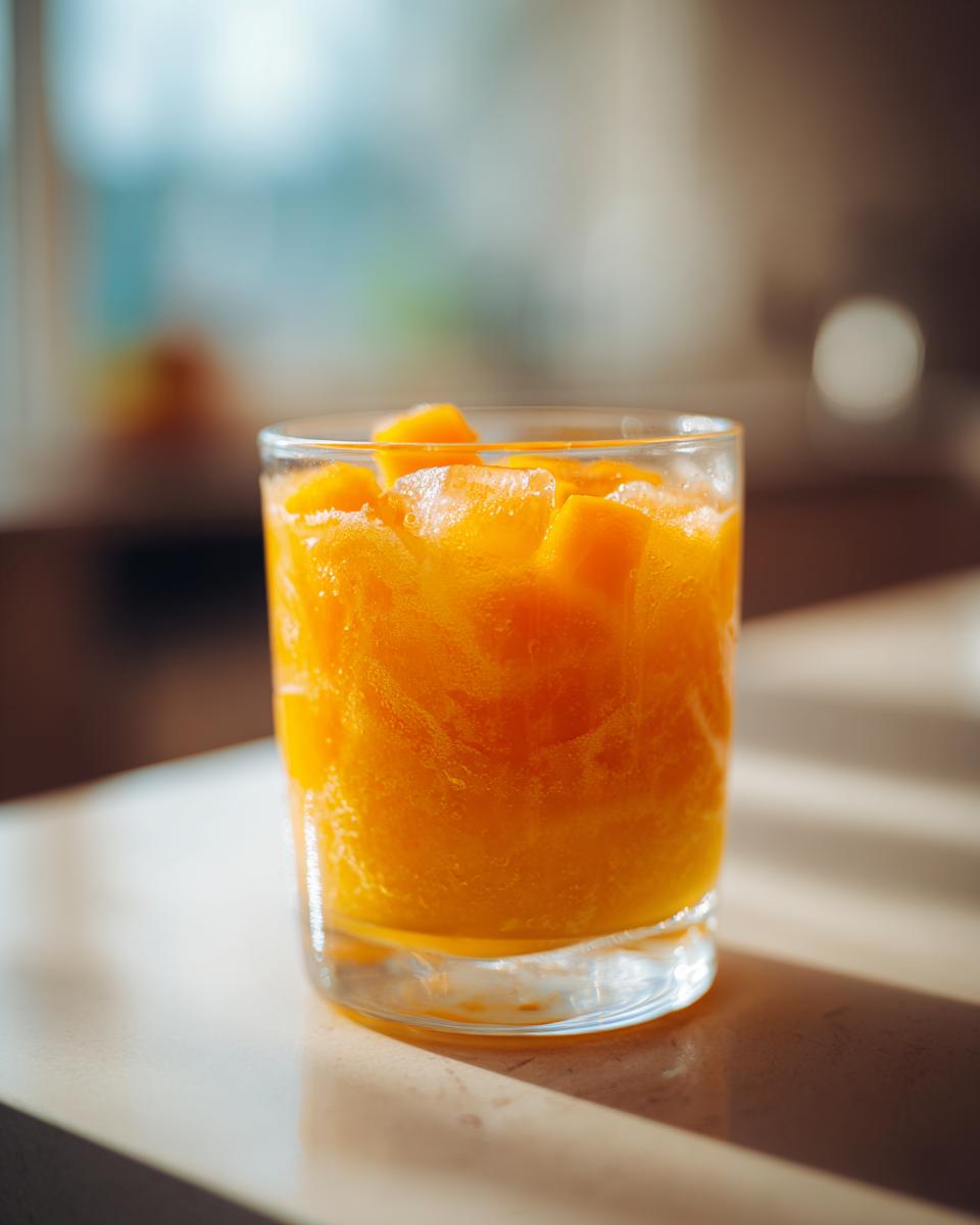 A close-up of a glass filled with a vibrant orange iced tea slush, topped with fresh peach cubes.