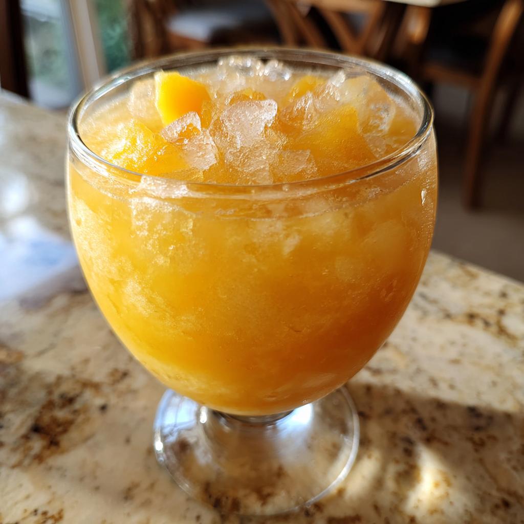 Close-up of a frosty glass filled with peach recipes iced tea slush, topped with crushed ice and peach chunks.