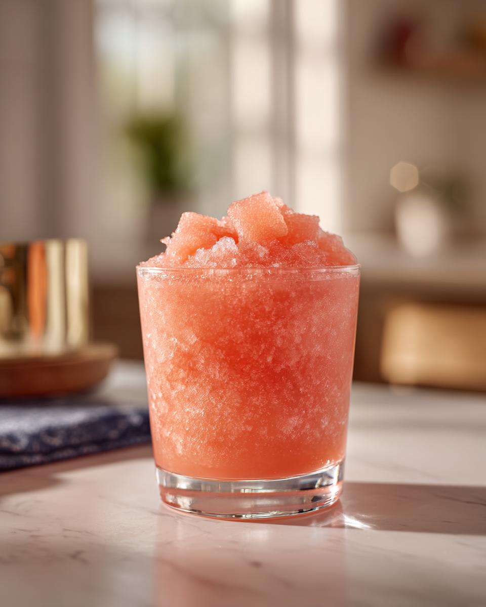A close-up of a frosty glass filled with a pink peach iced tea slush, perfect for hot afternoons.