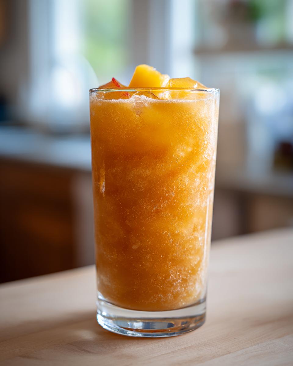 A tall glass filled with a frosty peach iced tea slush, topped with fresh peach chunks.