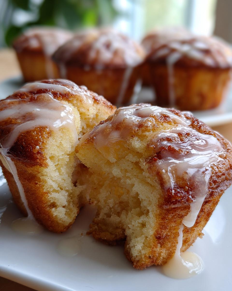 Close-up of a moist peach muffin, split in half, drizzled with vanilla glaze. Other muffins are blurred in the background.