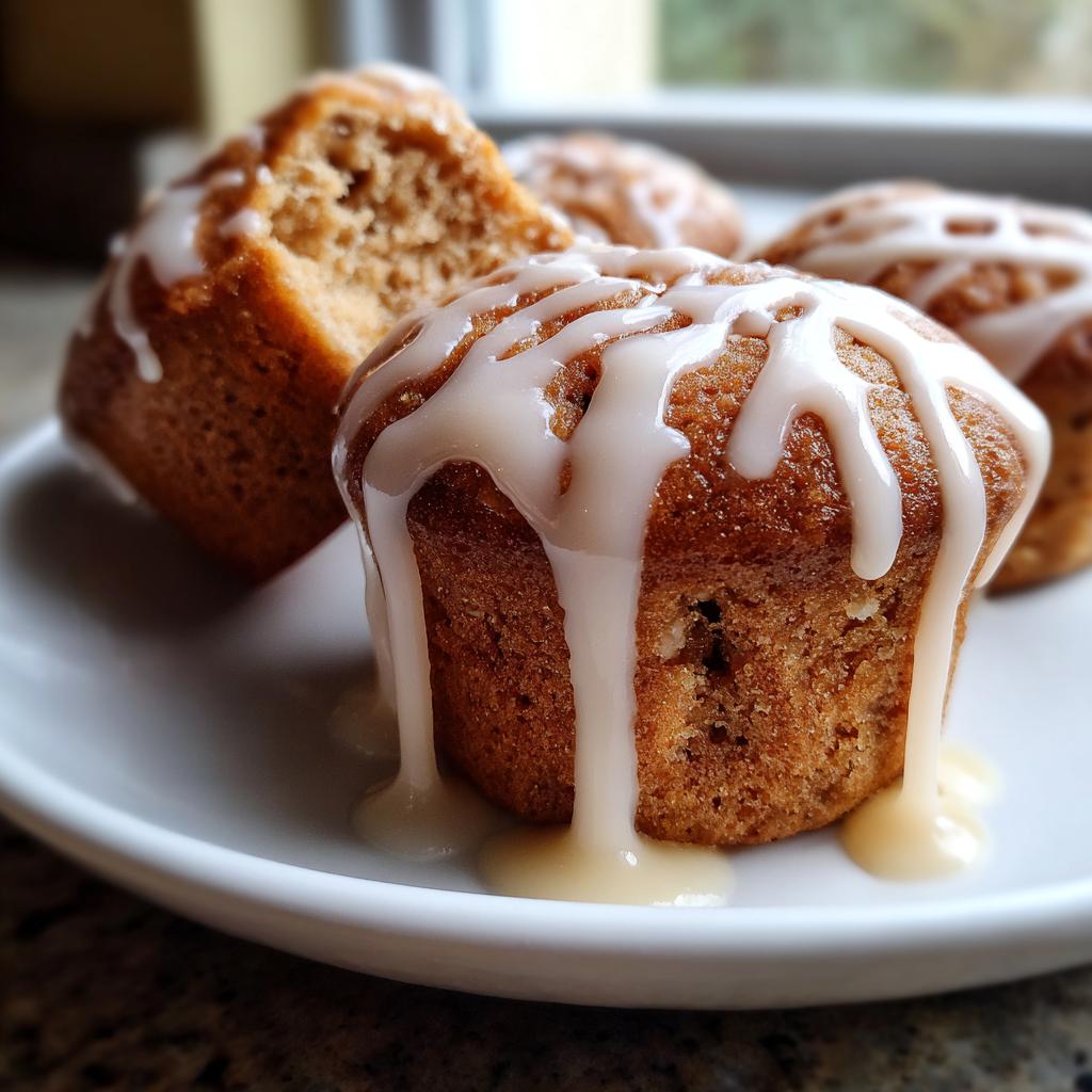 Close-up of moist peach muffins topped with a dripping vanilla glaze, perfect for peach recipes.