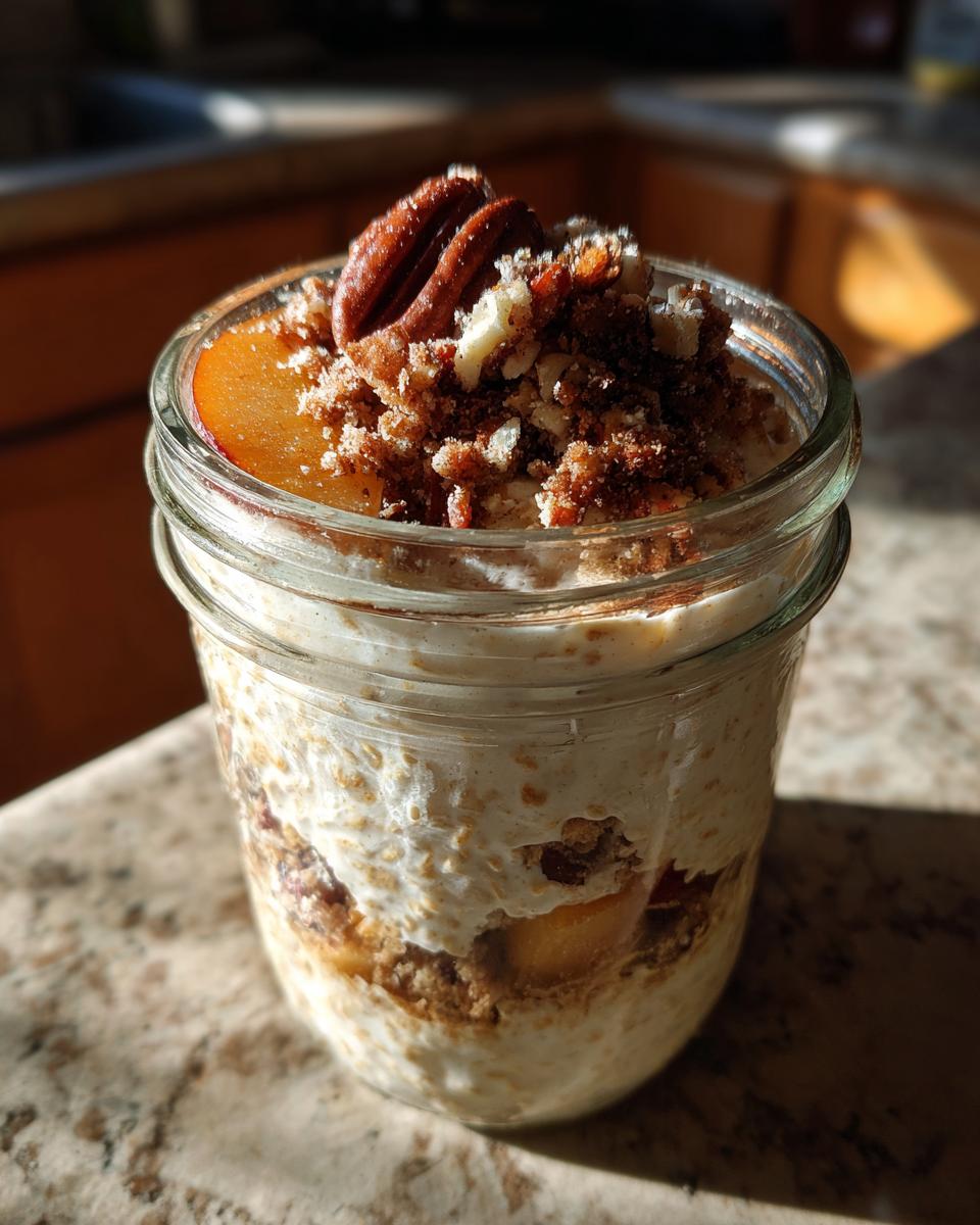 Overnight oats in a jar, layered with peaches, crumble topping, and pecans, perfect for peach recipes.