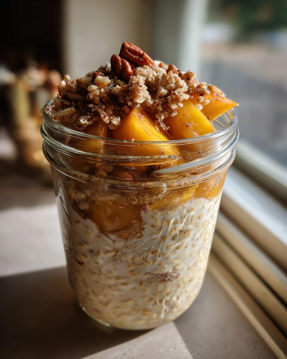 Overnight oats in a mason jar topped with sliced peaches, crumble topping, and pecans.