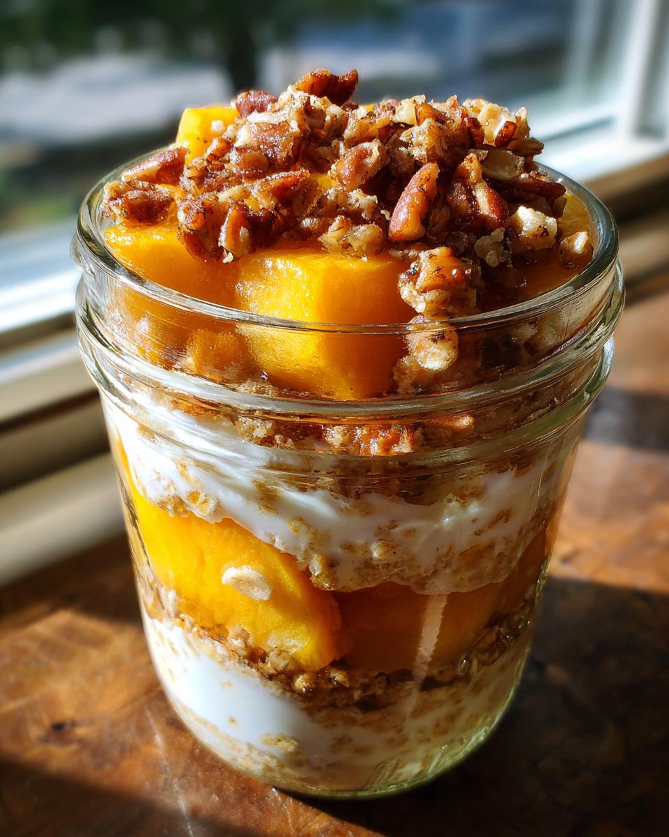 Close-up of peach overnight oats in a jar, layered with yogurt, oats, peaches, and topped with crunchy pecans.