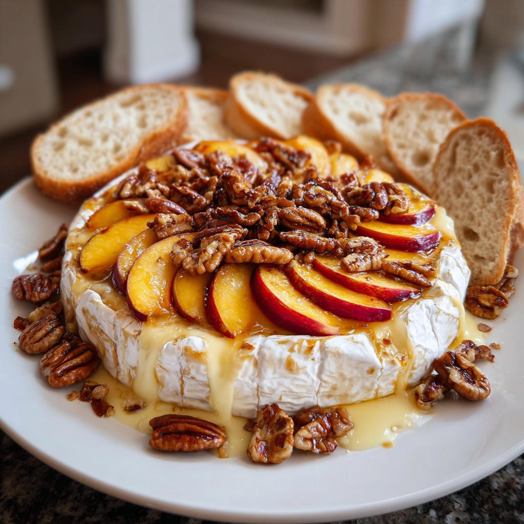 A whole baked brie topped with sliced peaches and toasted pecans, served with baguette slices.