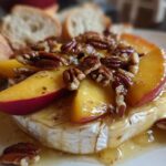 Close-up of baked brie topped with peach slices and toasted pecans, served with bread.