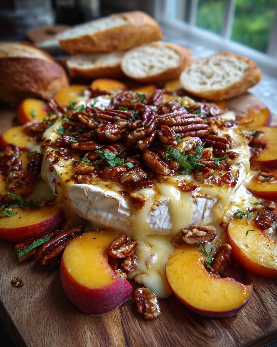 Melted baked brie topped with toasted pecans and herbs, surrounded by fresh peach slices and bread.