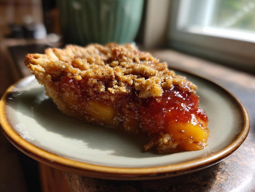 A delicious slice of peach cobbler with brown sugar topping, showcasing juicy peaches and a golden crust.