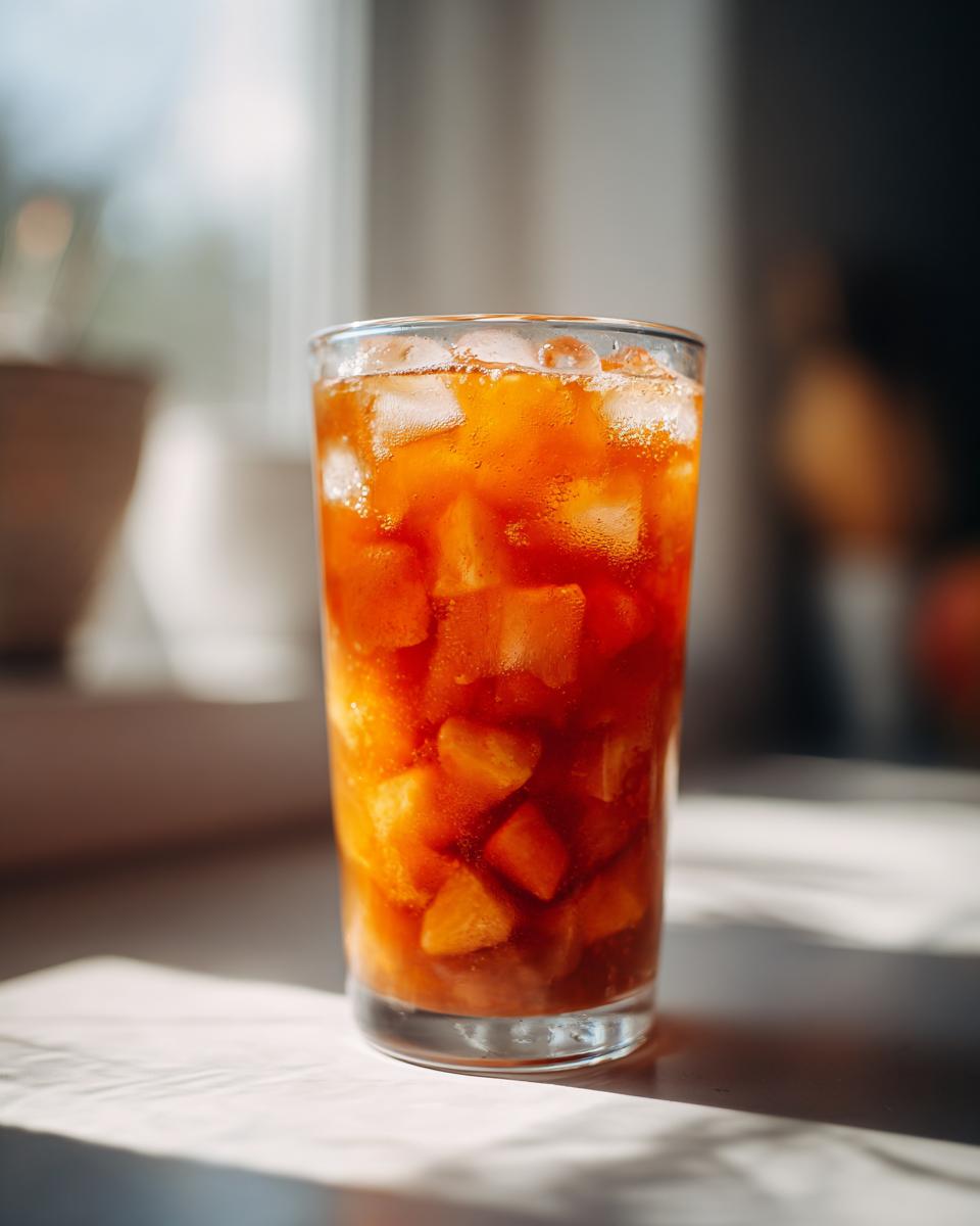 A tall glass filled with iced tea slush and diced peaches, perfect for peach recipes.