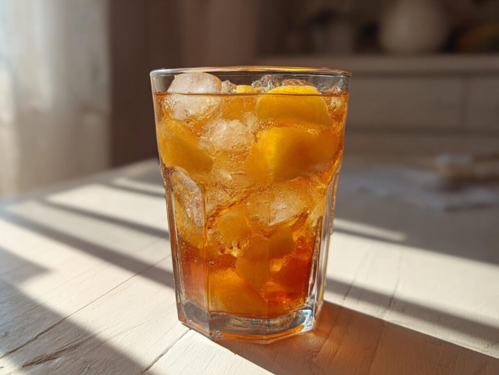 A refreshing glass of Peach Recipes With Iced Tea Slush filled with ice and peach slices.