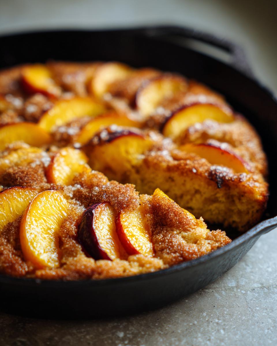 Close-up of a golden peach skillet cake topped with sliced summer fruit and a sprinkle of sugar.