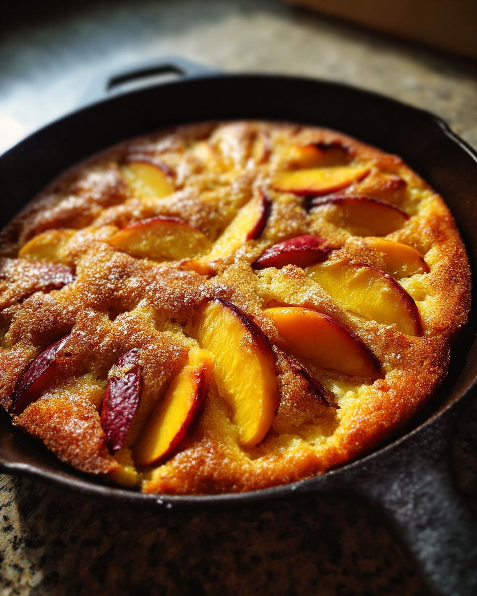 Close-up of a golden-brown peach skillet cake topped with fresh peach slices and a dusting of sugar.