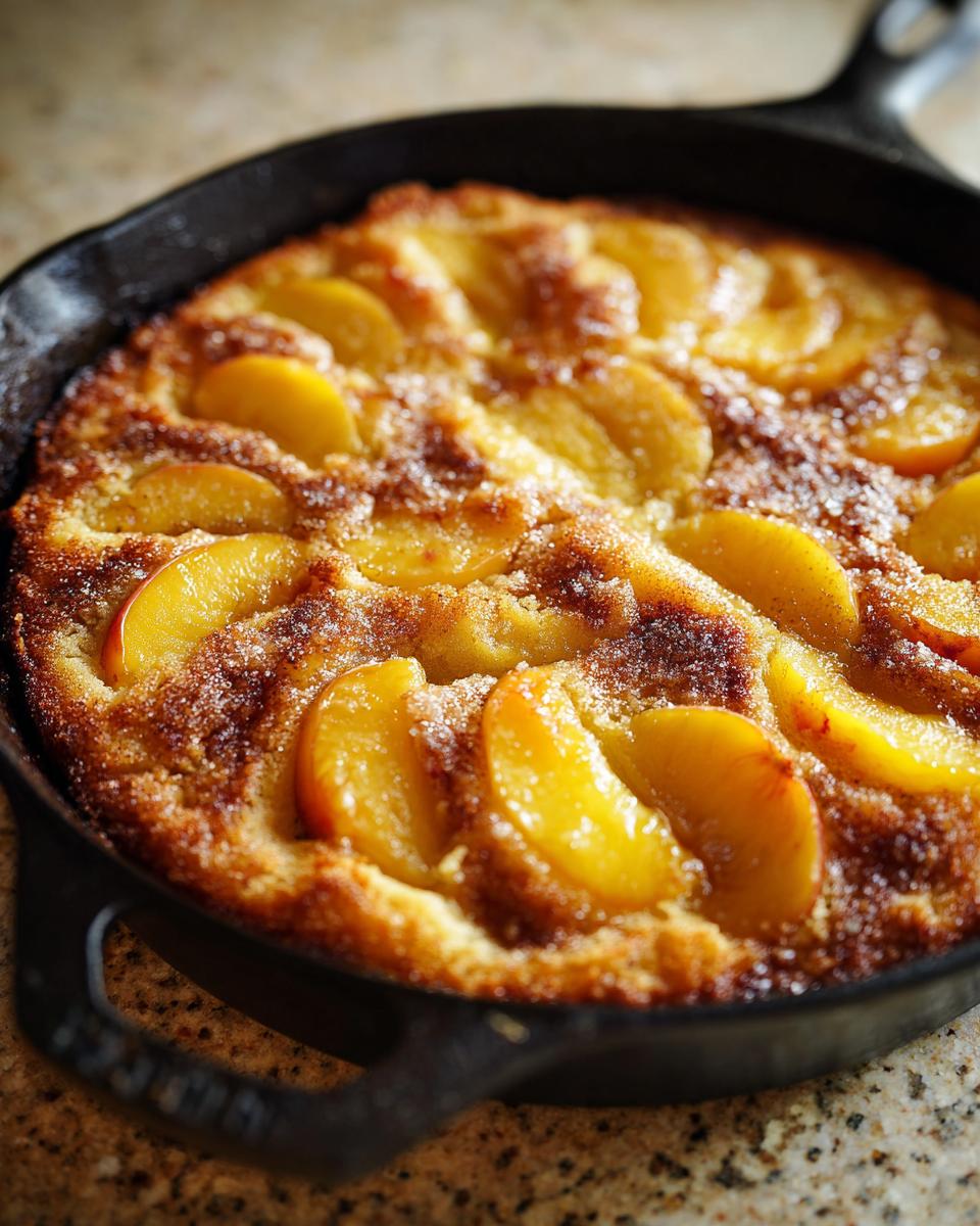 Close-up of a golden-brown skillet cake topped with sliced peaches and a sprinkle of sugar.