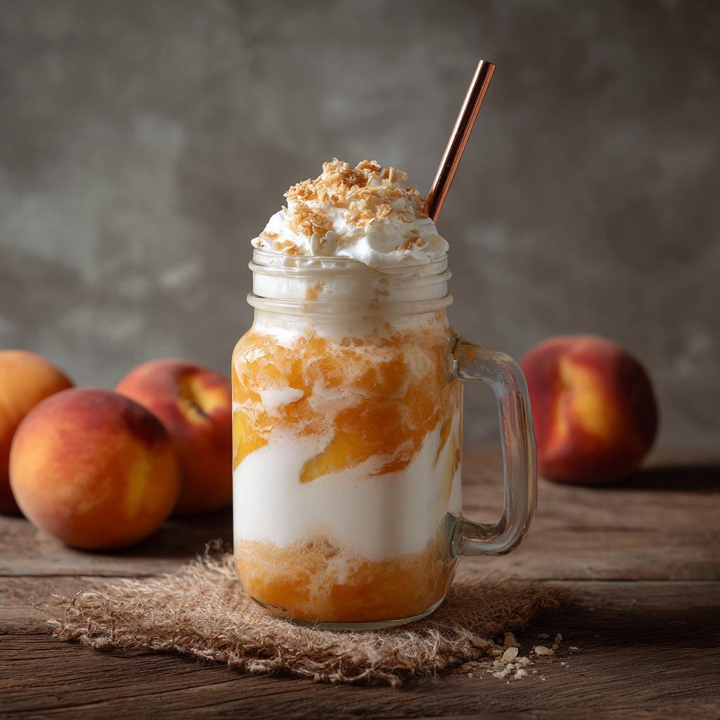 A creamy peach yogurt smoothie in a mason jar, topped with whipped cream and crushed nuts, with fresh peaches in the background.