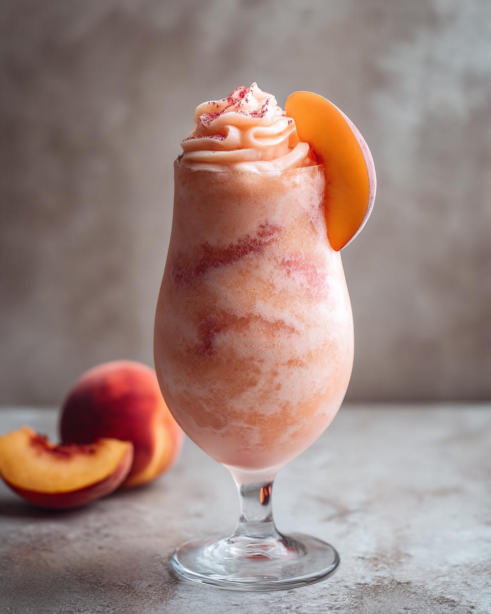 A refreshing peach yogurt smoothie topped with whipped cream and a peach slice, perfect for peach recipes.