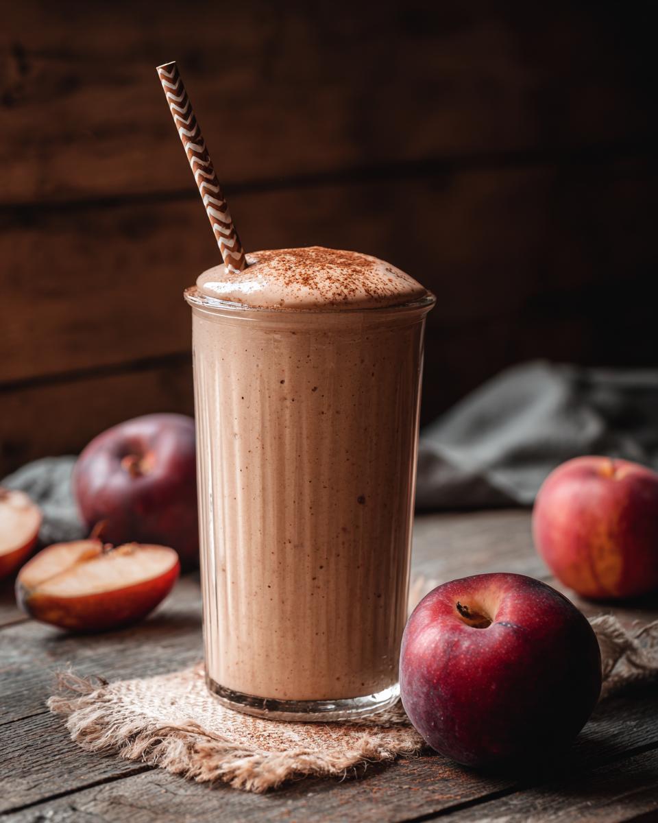 A tall glass of creamy peach yogurt smoothie topped with cinnamon and a striped straw, surrounded by fresh peaches.