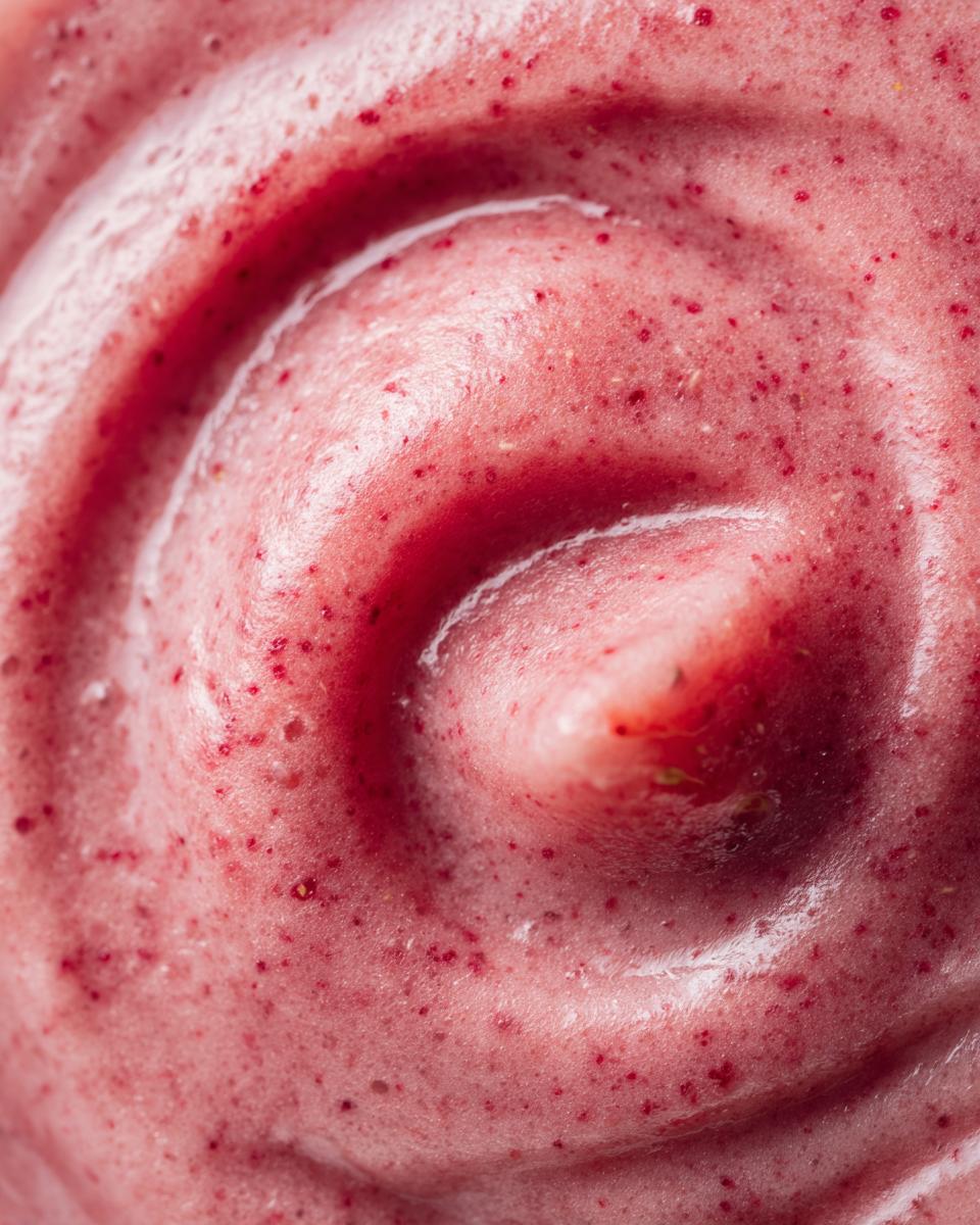 Close-up of a swirl of creamy pink peach yogurt smoothie with visible fruit pieces.