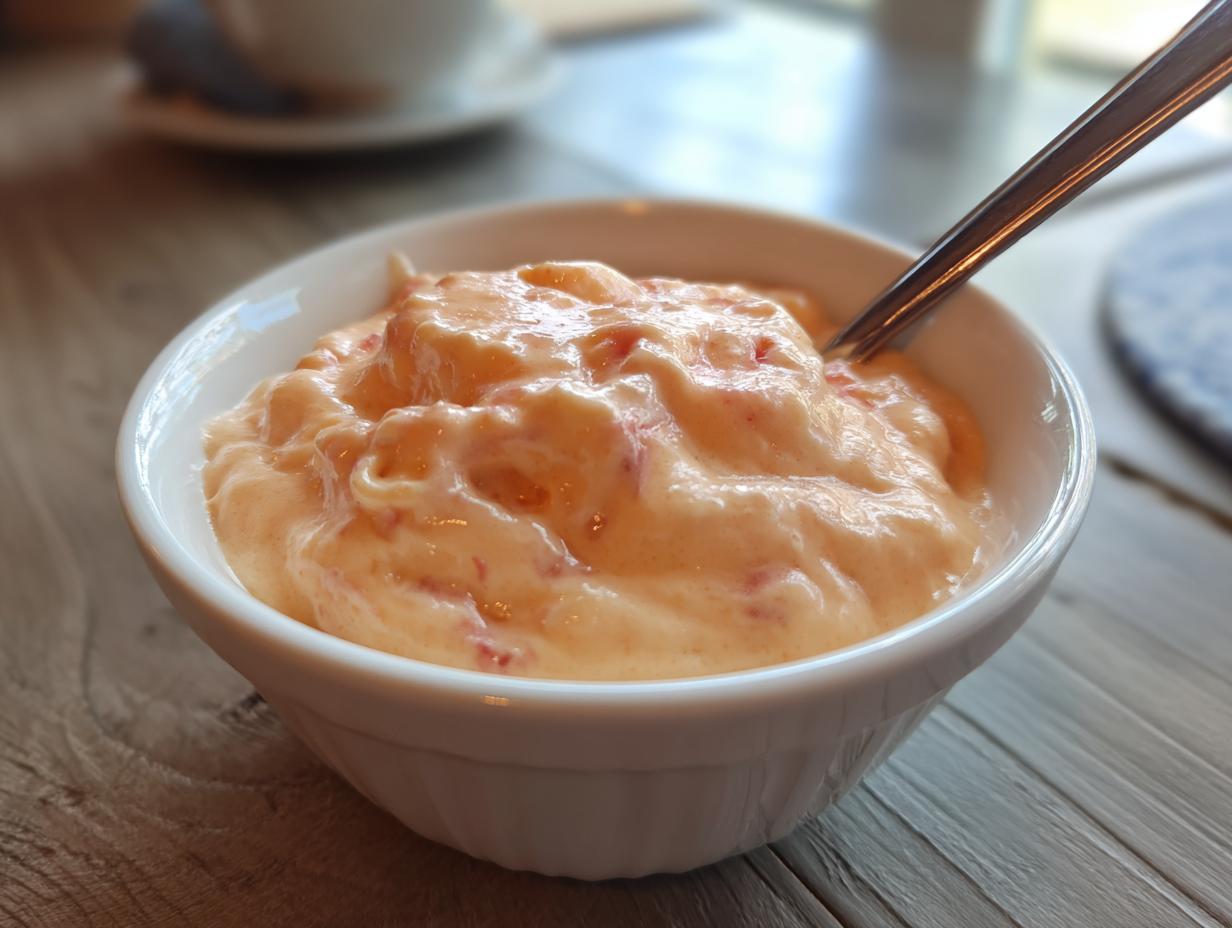 Close-up of a white bowl filled with a creamy peach yogurt smoothie, with small pieces of peach visible.