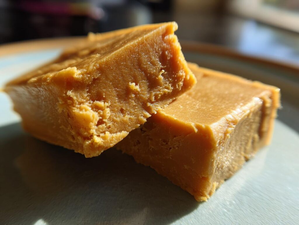 Close-up of two pieces of smooth, golden peanut butter fudge, perfect for dessert recipes.
