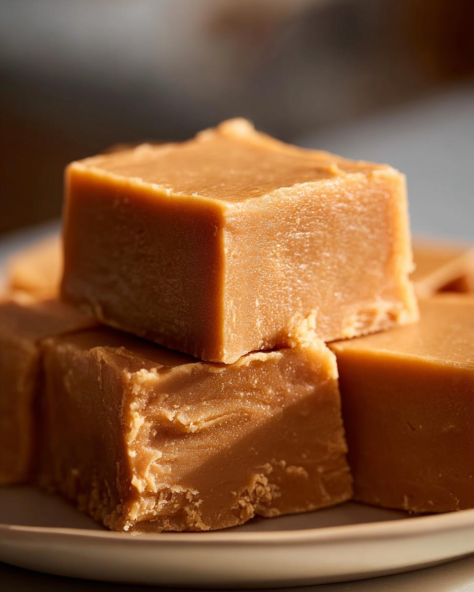 Close-up of creamy peanut butter fudge squares stacked on a plate, perfect for dessert recipes.