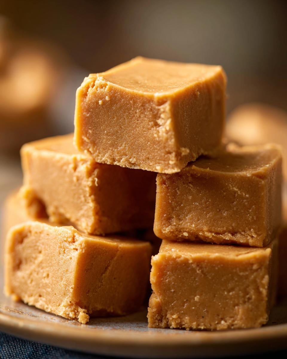 A stack of creamy peanut butter fudge squares, perfect for dessert recipes.
