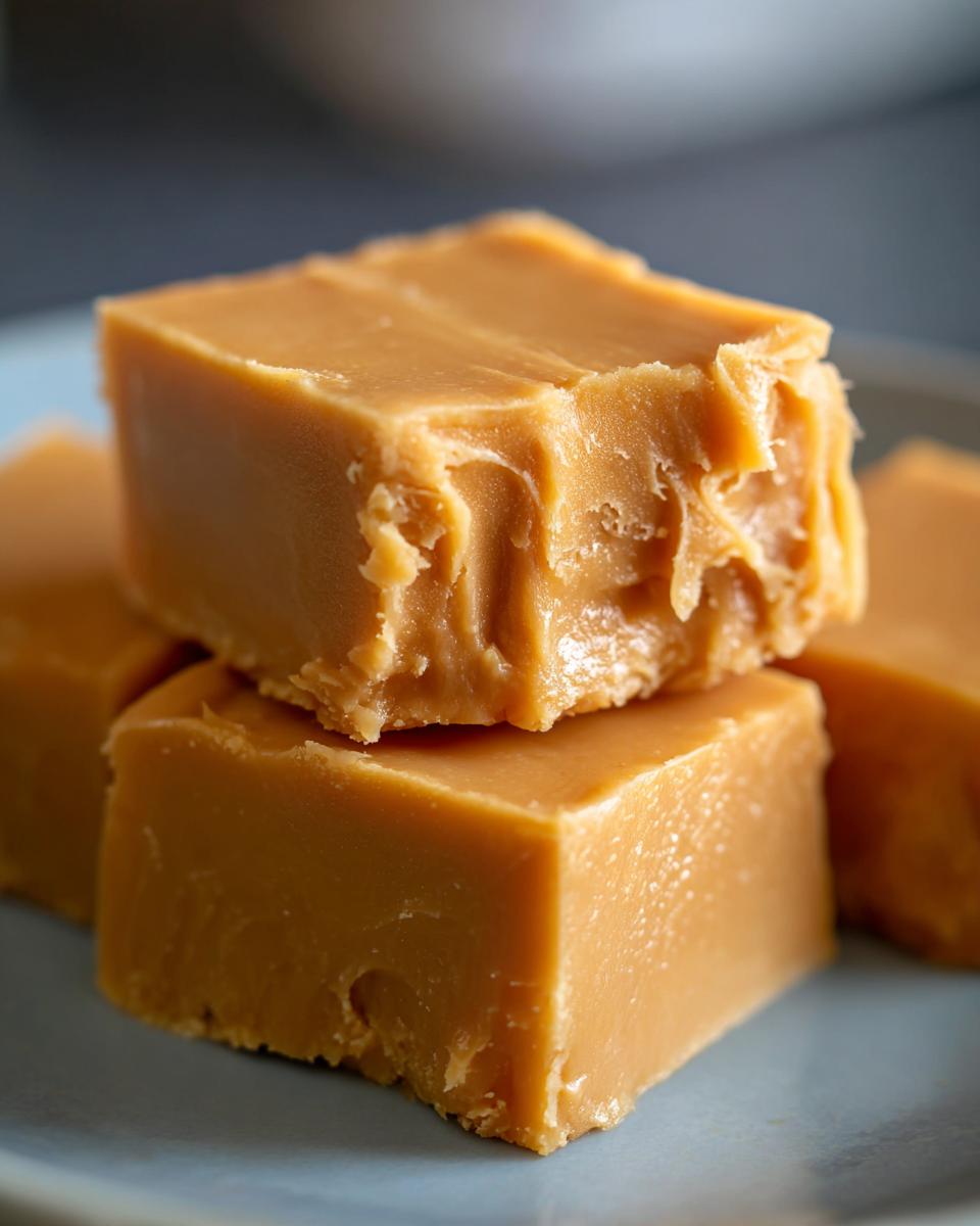 Close-up of creamy peanut butter fudge squares stacked on a plate, perfect for dessert recipes.