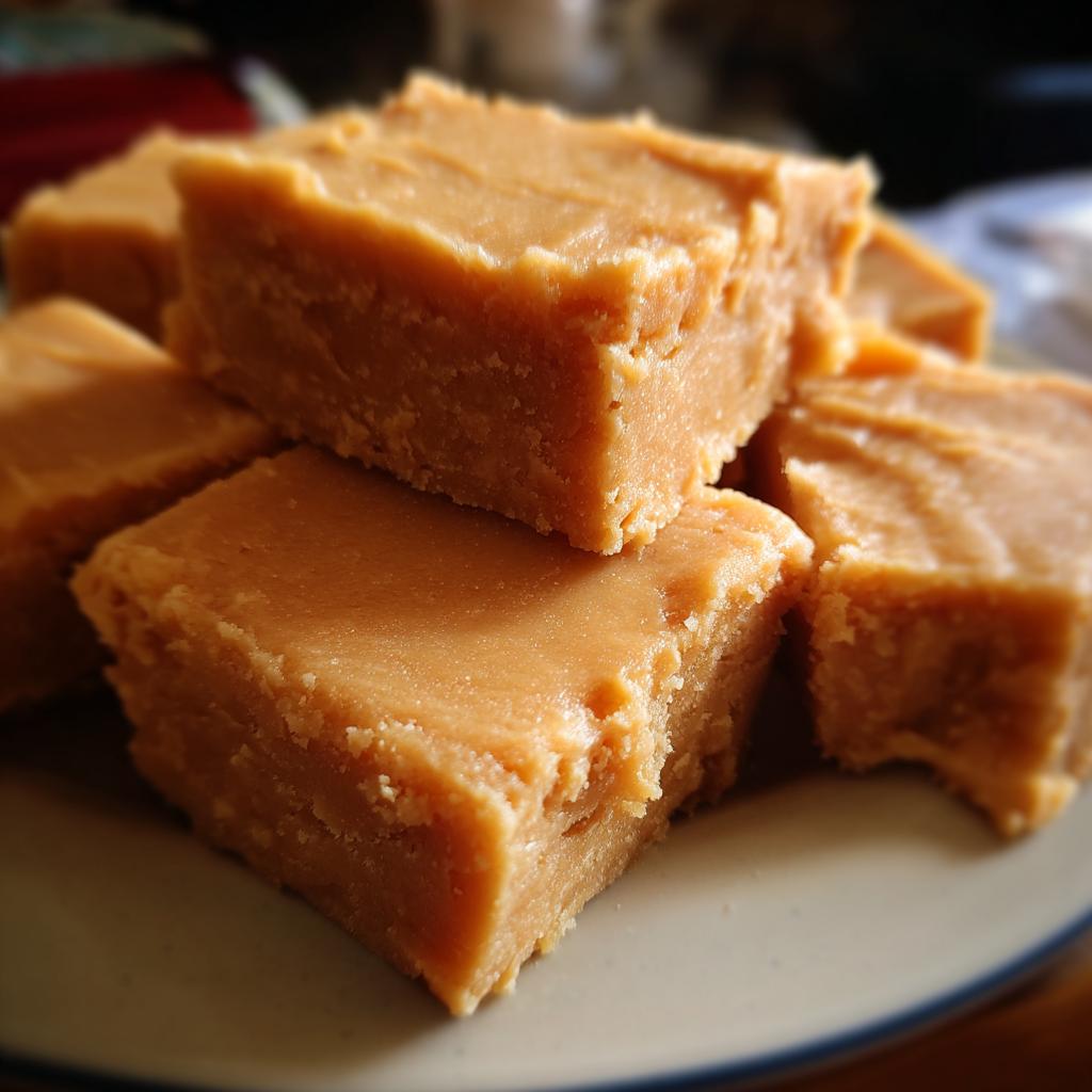 Close-up of creamy peanut butter fudge squares, perfect for dessert recipes.