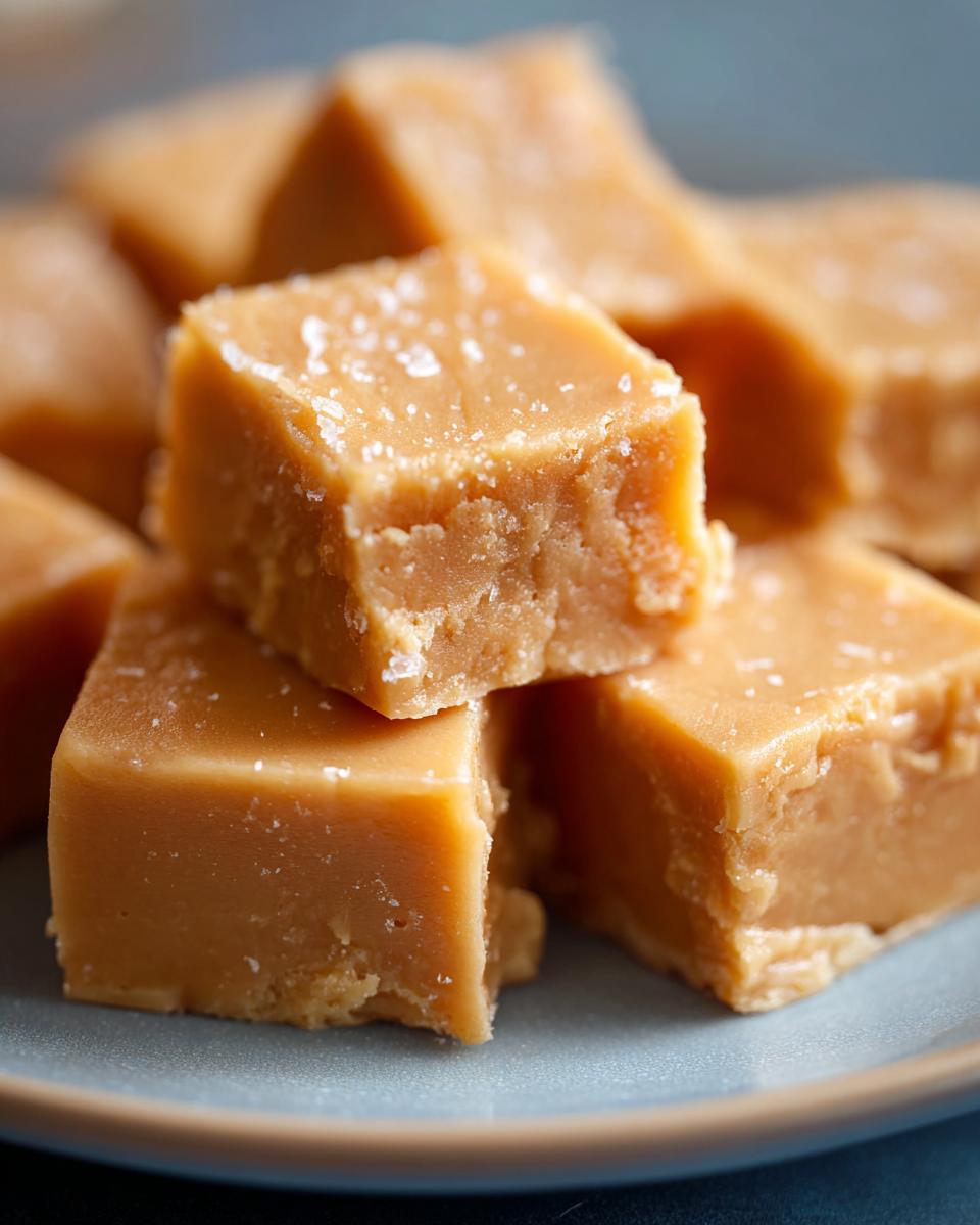 Close-up of creamy peanut butter fudge squares sprinkled with sea salt, perfect for dessert recipes.