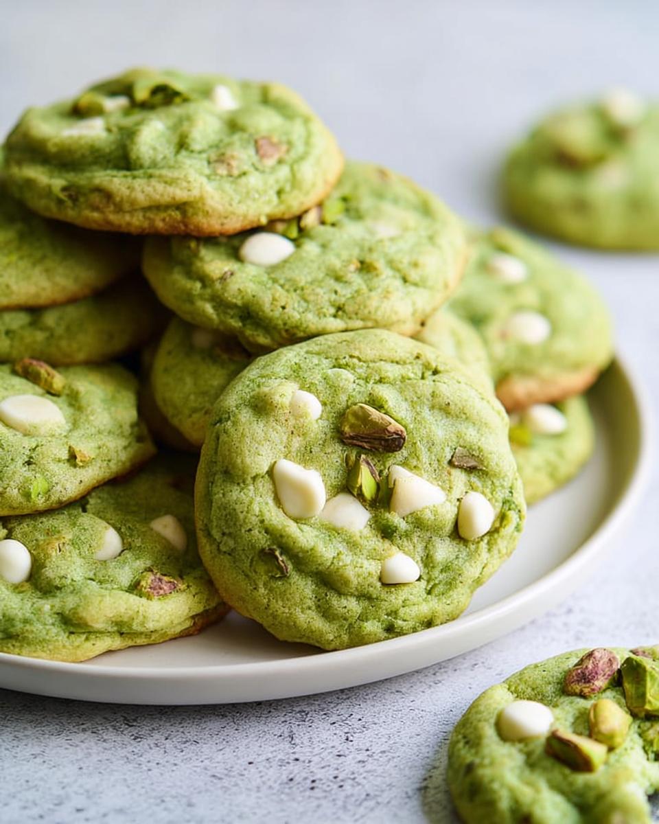A pile of soft and chewy pistachio pudding cookies with white chocolate chips and chopped pistachios.