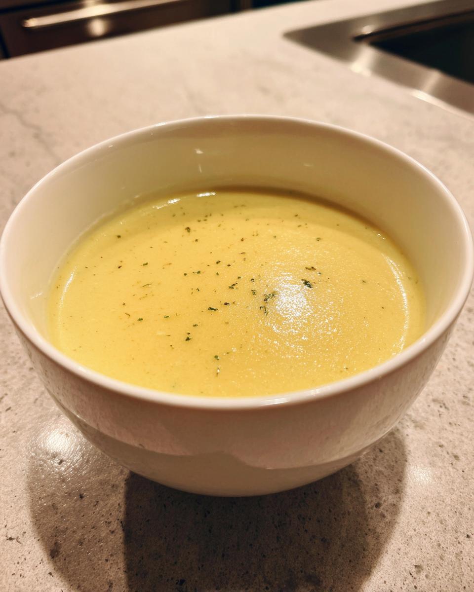 A bowl of creamy, yellow potato leek soup garnished with herbs, showcasing its rich and silky texture.