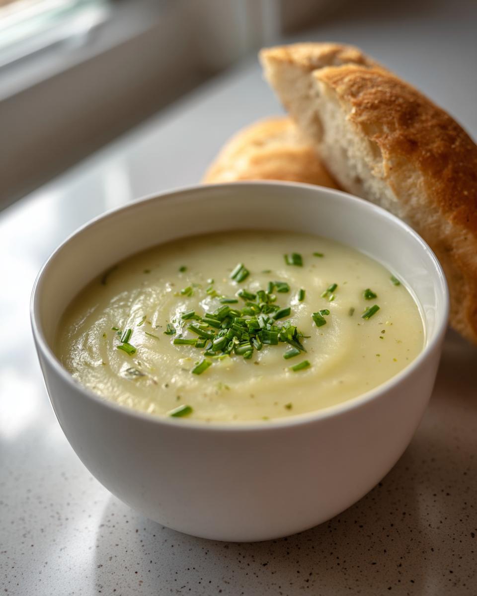 A bowl of creamy potato leek soup topped with fresh chives, served with crusty bread.