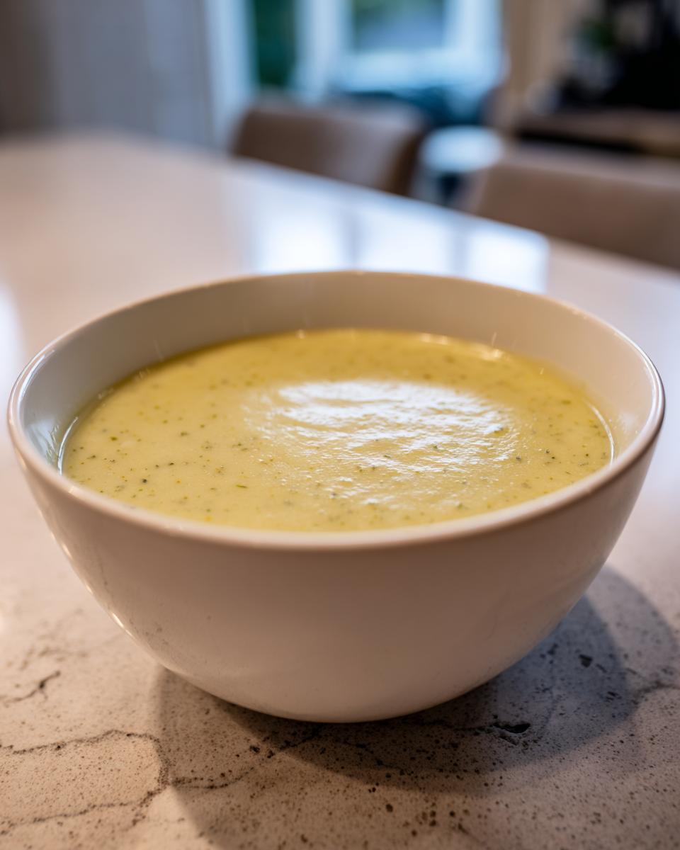 A close-up of a bowl of creamy, rich, and silky potato leek soup, garnished with herbs.