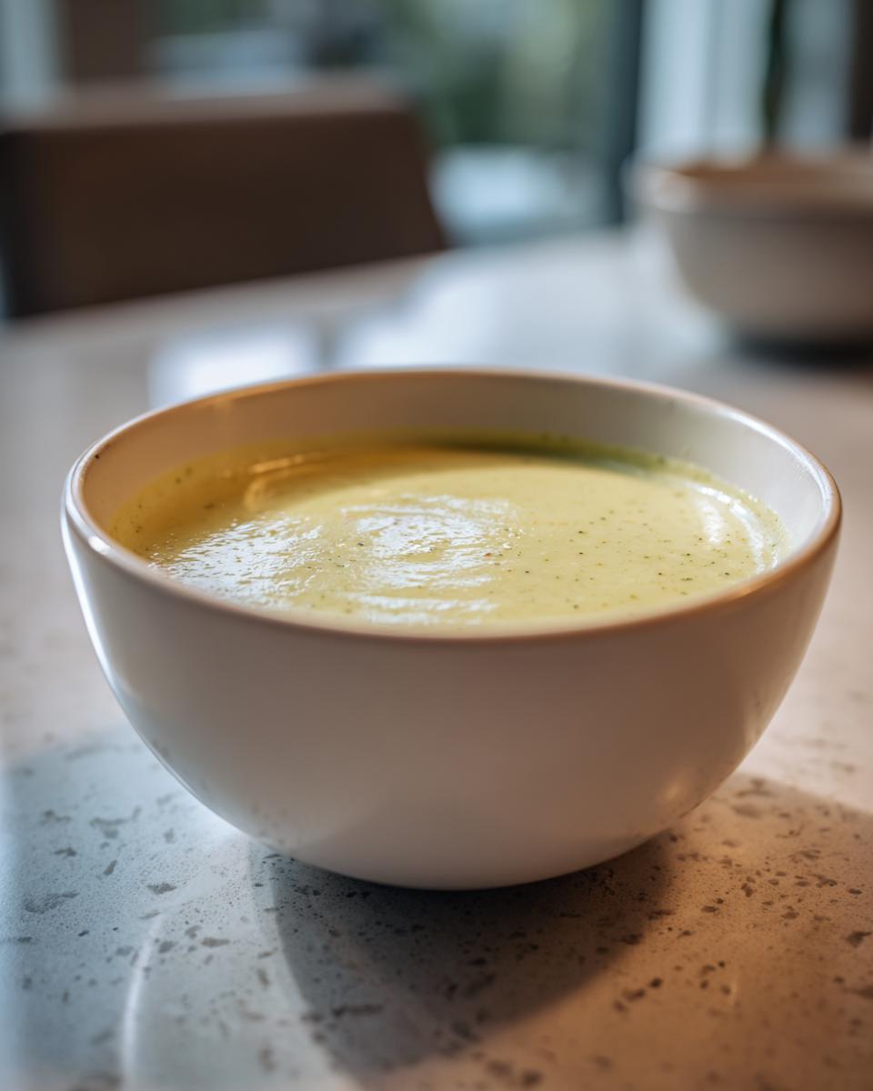A close-up of a white bowl filled with rich and silky potato leek soup, showcasing its creamy texture.