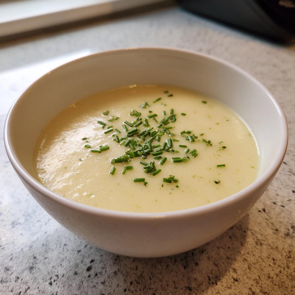 A bowl of creamy potato leek soup, garnished with fresh chives, showcasing its rich and silky texture.