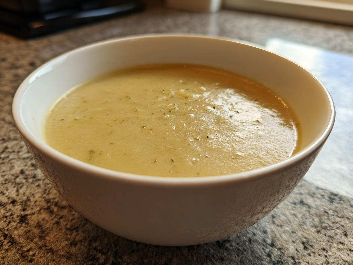 A close-up of a white bowl filled with rich and silky potato leek soup, garnished with herbs.