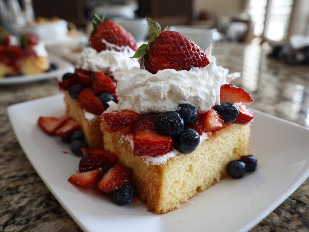 Two slices of pound cake topped with whipped cream, strawberries, and blueberries, perfect for Fourth of July desserts.