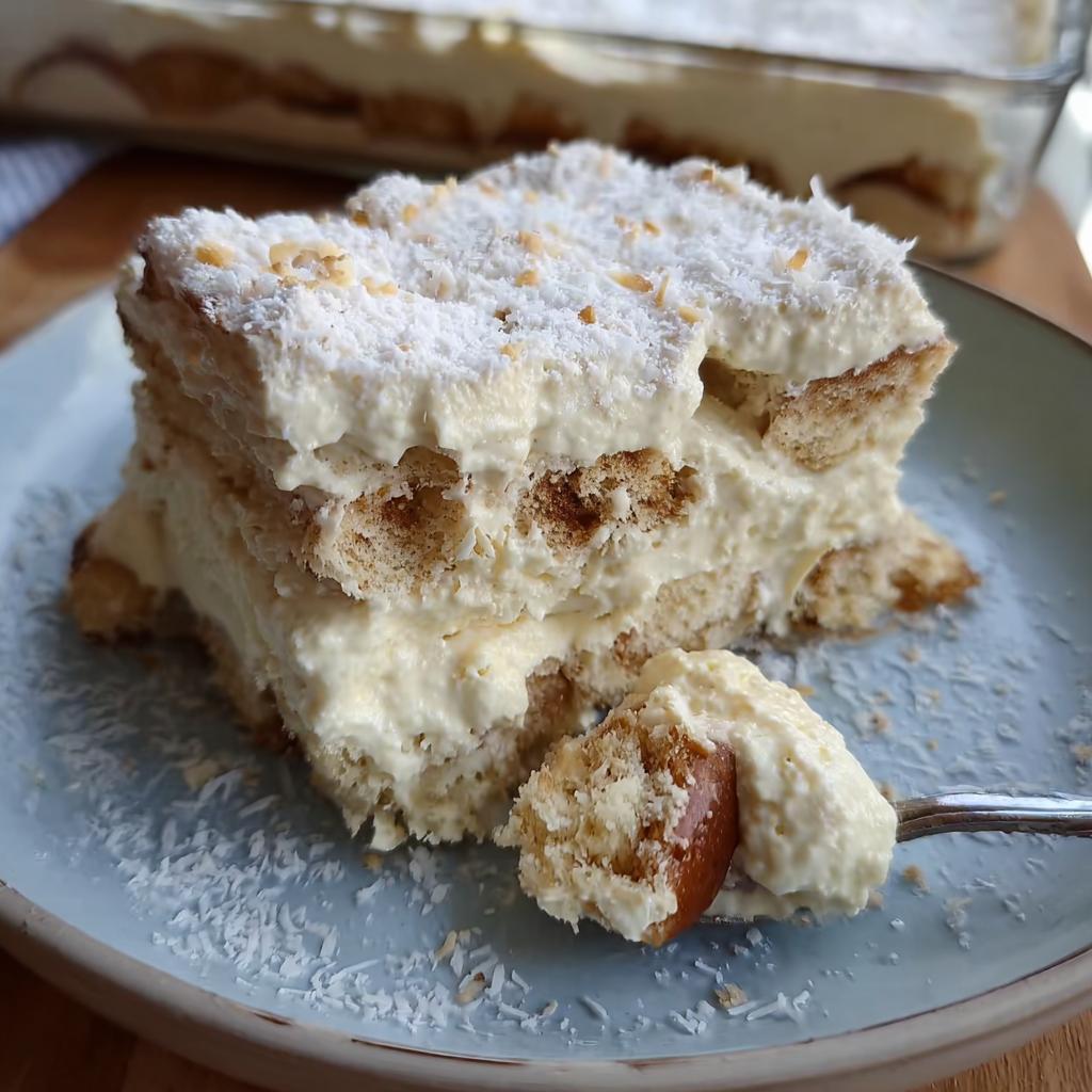A delicious slice of Raffaello Tiramisu schnell ohne Backen, layered with biscuits and cream, topped with coconut.