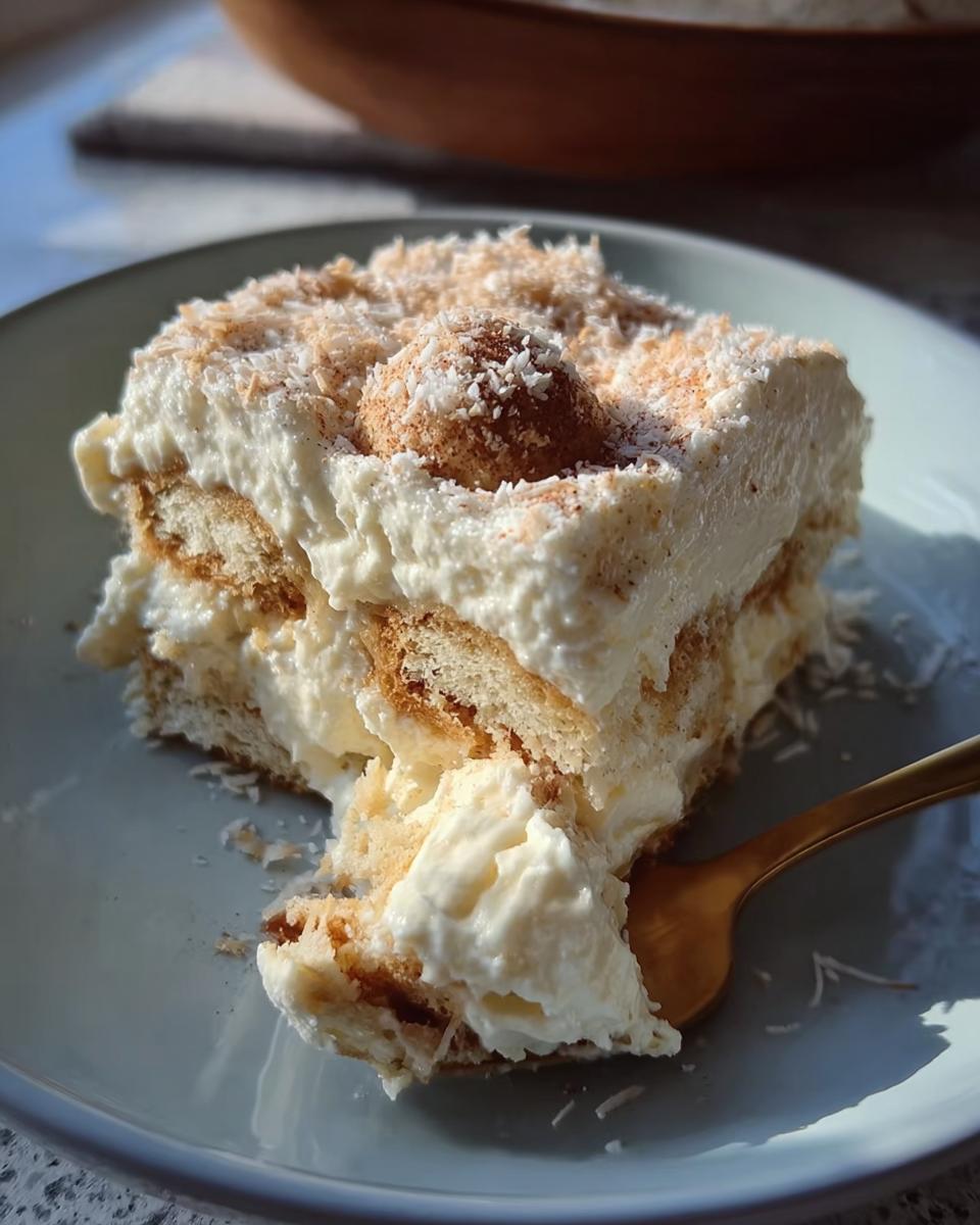 A slice of no-bake Raffaello Tiramisu schnell ohne Backen, layered with cream and biscuits, topped with coconut flakes.