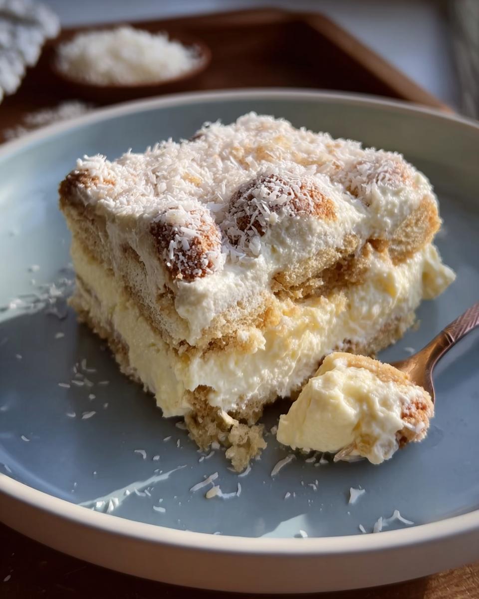 A slice of Raffaello Tiramisu schnell ohne Backen, layered with cream and biscuits, topped with shredded coconut.