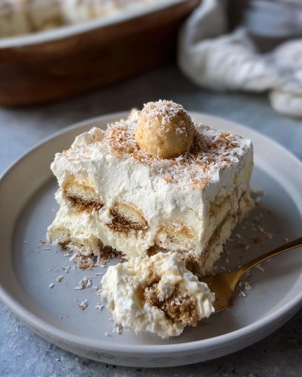 A slice of no-bake Raffaello Tiramisu schnell ohne Backen dessert, topped with whipped cream, coconut flakes, and a scoop of cream.