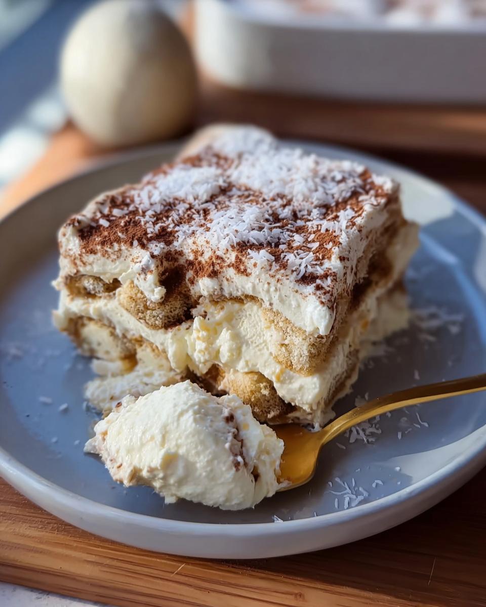 A slice of no-bake Raffaello Tiramisu schnell ohne Backen, topped with cocoa powder and shredded coconut, with a spoonful taken out.