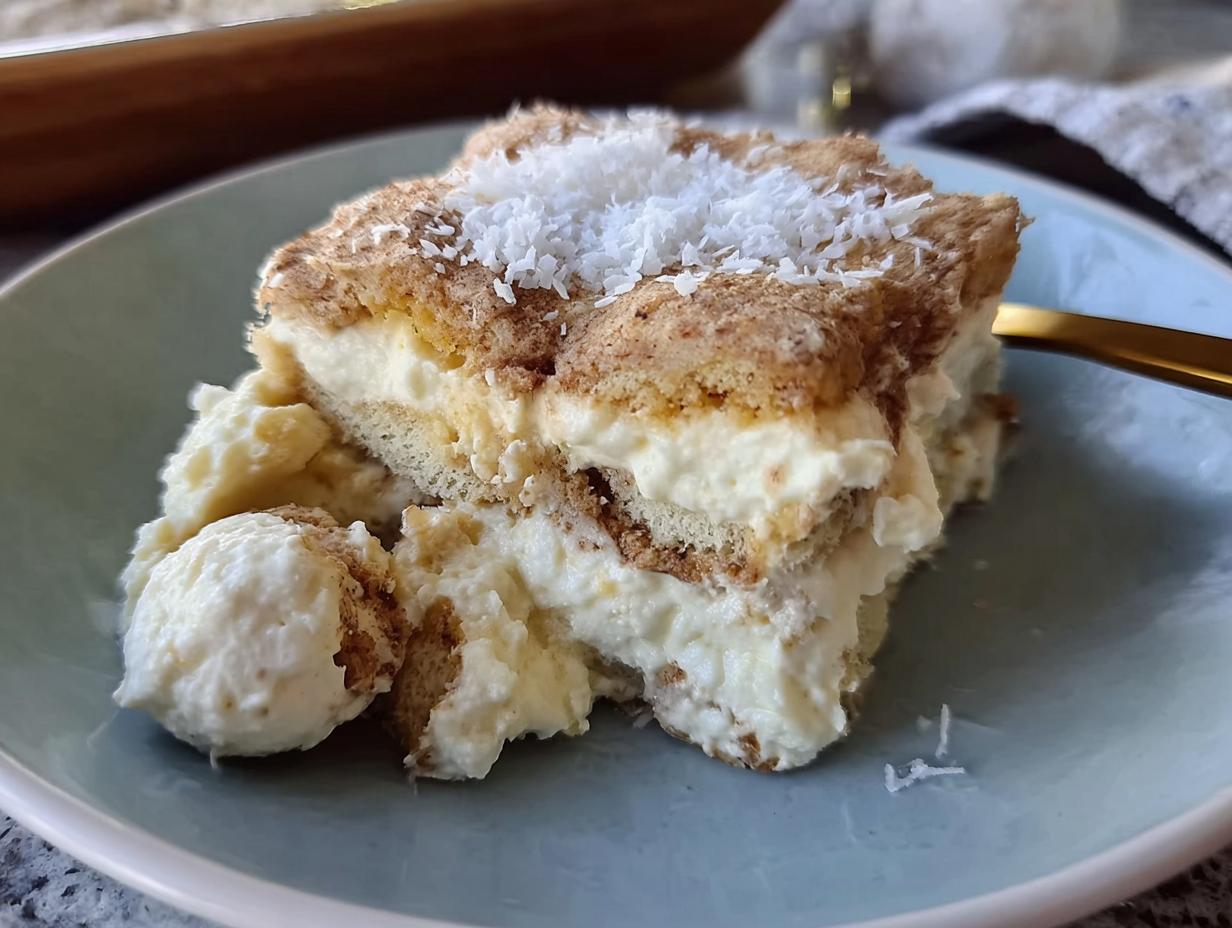 A slice of no-bake Raffaello Tiramisu schnell ohne Backen, layered with cream and biscuits, topped with coconut flakes.