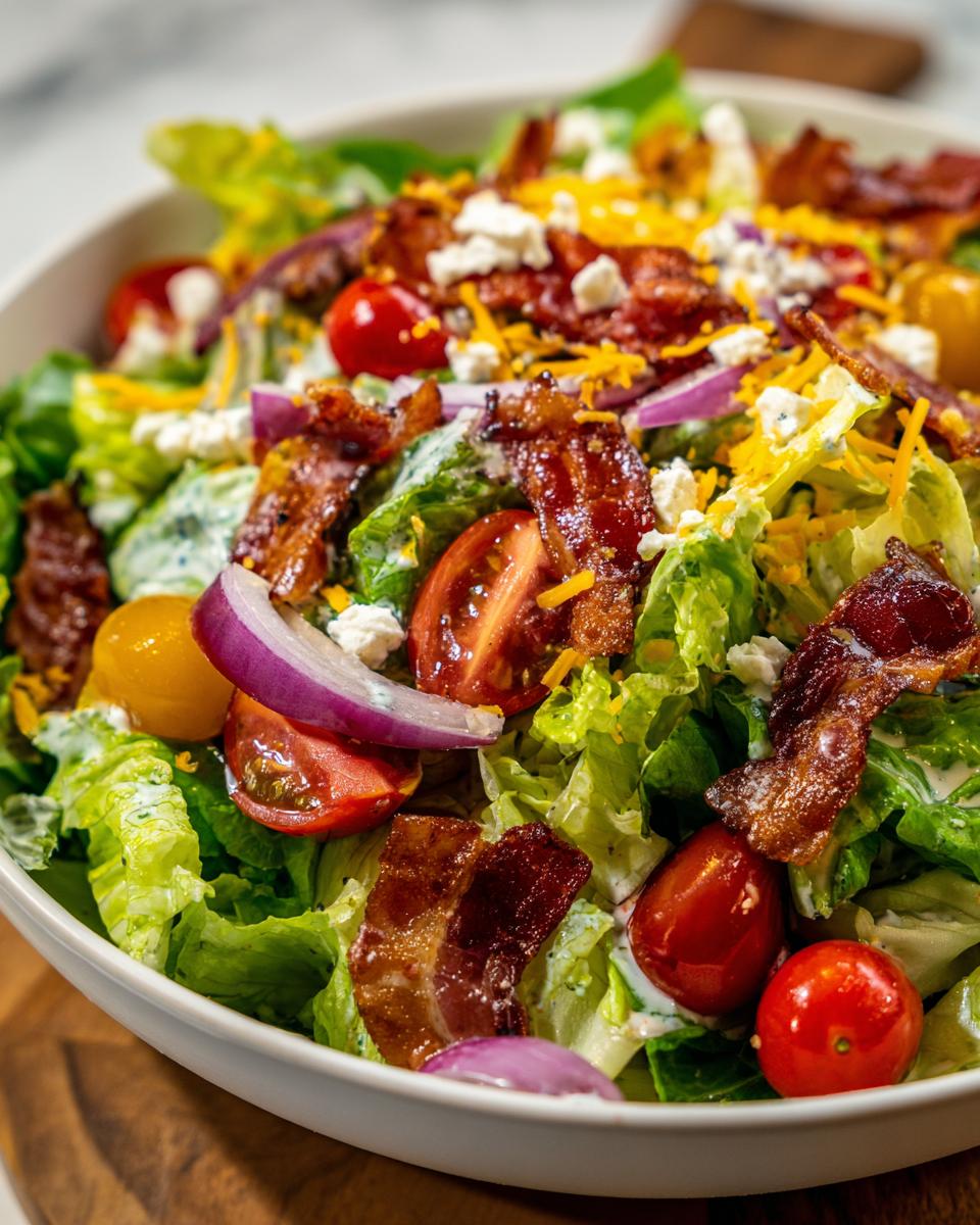 A close-up of a refreshing Ranch BLT Salad with crisp lettuce, bacon, cherry tomatoes, red onion, and crumbled cheese.
