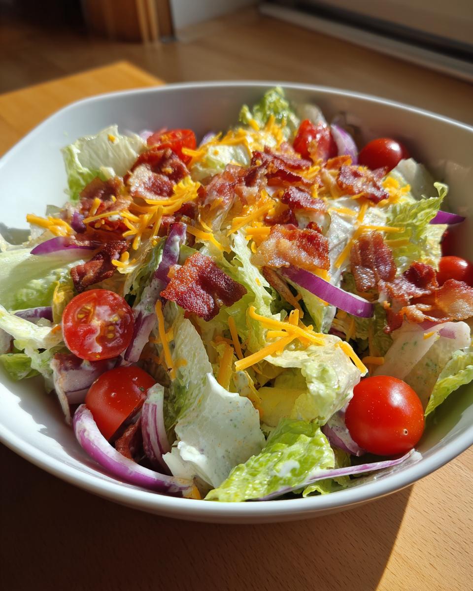 A bowl of crisp Ranch BLT Salad featuring fresh lettuce, cherry tomatoes, red onion, shredded cheese, and crispy bacon.